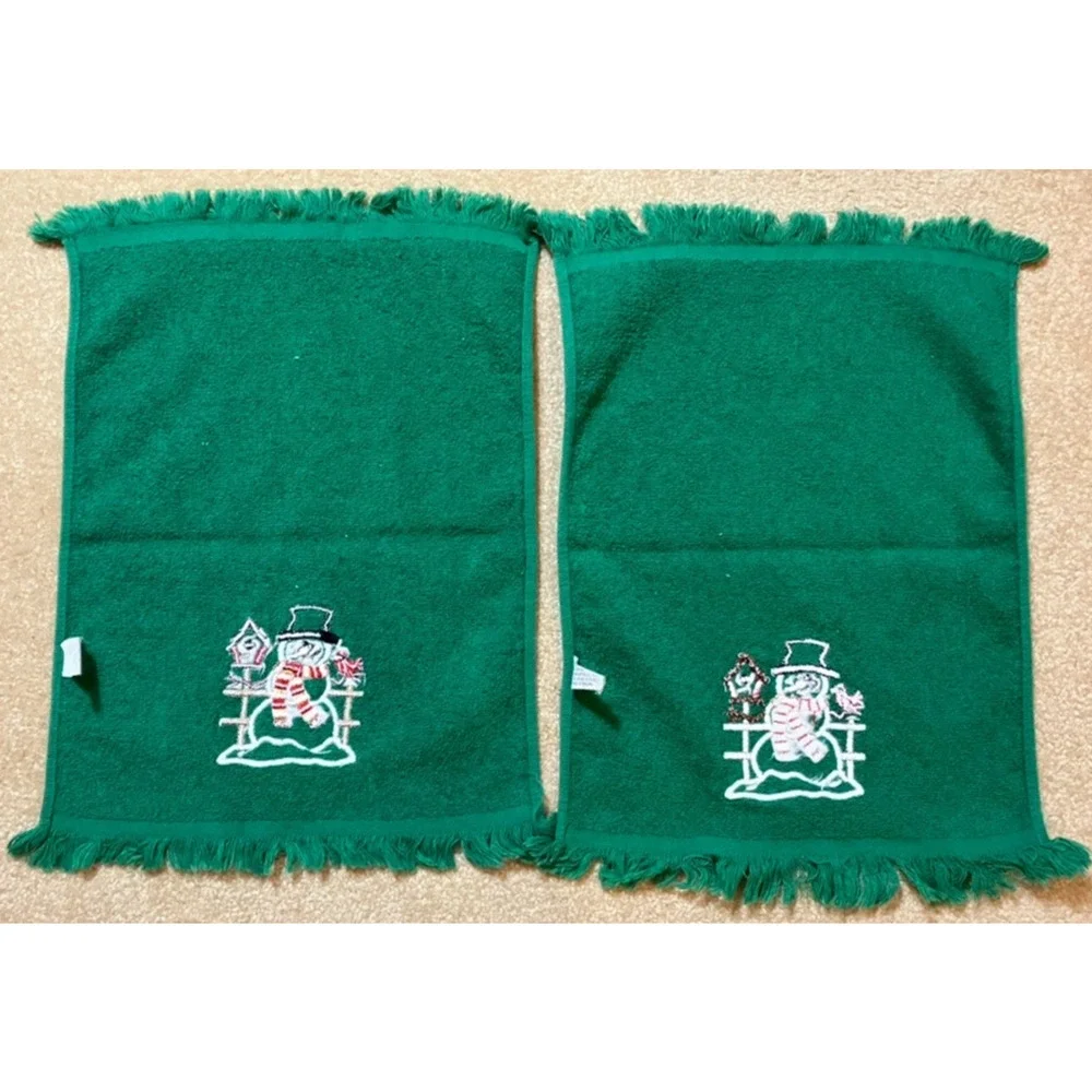 Vintage Cecil Saydah Bath and Hand Towel Set of 3 Green Christmas Snowman